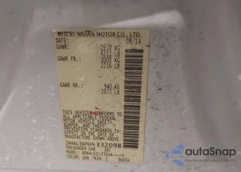 2015 Nissan Altima 2.5 S z USA, uszkodzony, nr VIN 1N4AL3APXFN332098